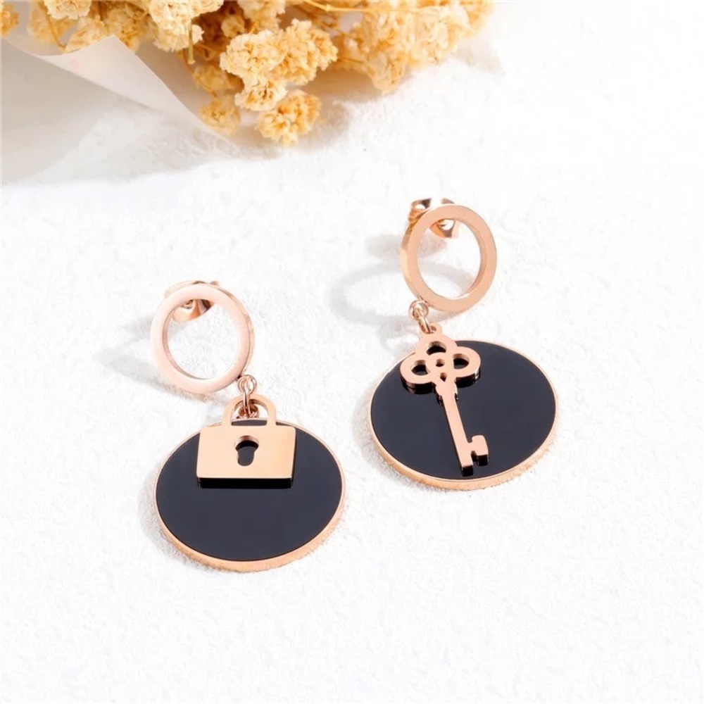 3/$30 Rose Gold Plated Lock & Key Dangle Earrings - Picture 2 of 6